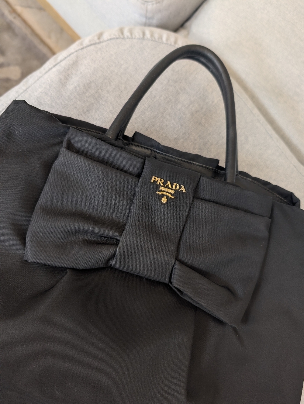 Prada Black Nylon Tote with Signature Bow and Gold Logo - Picture 6 of 13